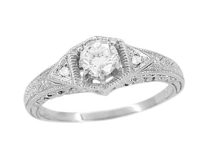 White Gold Art Deco White Sapphire Filigree Engraved Engagement Ring