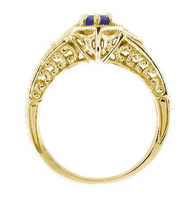 Art Deco Yellow Gold Sapphire and Diamond Filigree Engraved Engagement Ring - alternate view