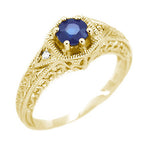 Art Deco Yellow Gold Sapphire and Diamond Filigree Engraved Engagement Ring