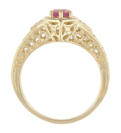 Art Deco Yellow Gold Pink Sapphire and Diamond Filigree Engraved Hexagon Engagement Ring - Item: R149YPS - Image: 3