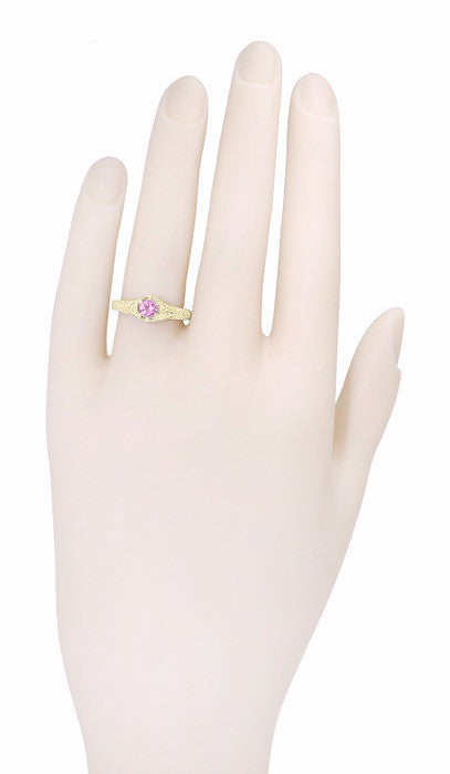 Art Deco Yellow Gold Pink Sapphire and Diamond Filigree Engraved Hexagon Engagement Ring - Item: R149YPS - Image: 4