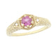 Art Deco Yellow Gold Pink Sapphire and Diamond Filigree Engraved Hexagon Engagement Ring