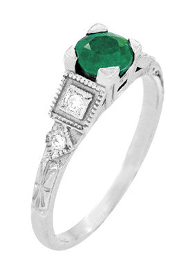 Art Deco Geometric Emerald Engagement Ring in Platinum with Side Diamonds - Item: R155P - Image: 3