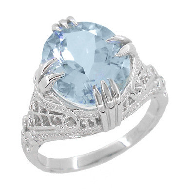 Art Deco Filigree Vintage Large Oval Aquamarine Ring in a White Gold Claw Prong Setting - R157A