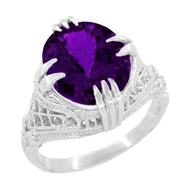 Art Deco 1920s Vintage Large Oval Amethyst Filigree Ring in White Gold - 4.5 Carats Set North to South - R157AM