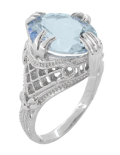 Large Oval Aquamarine Art Deco Filigree Ring in Platinum - March Birthstone - Item: R157PA - Image: 3