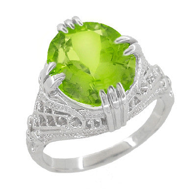 Art Deco Filigree Vintage Large Oval Peridot Ring in White Gold with 5.5 Carat North to South Natural Peridot Stone - R157PER