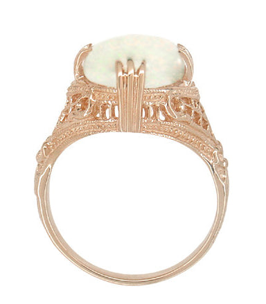 Art Deco Large White Opal Filigree Ring in 14 Karat Rose Gold - alternate view