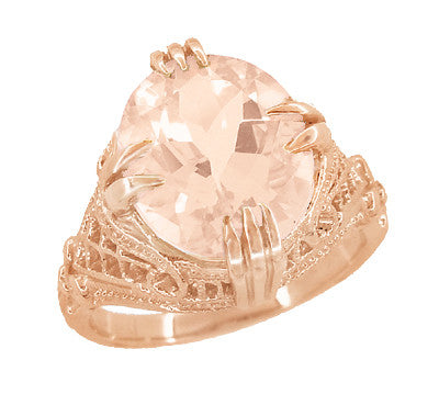Filigree Art Deco Large Oval Morganite Ring in 14 Karat Rose Gold - 4.5 Carats - Item: R157RM - Image: 2