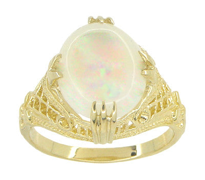 Yellow Gold Art Deco Filigree Antique White Opal Ring in Claw Prong Setting - Natural Large Oval Opal - R157Y
