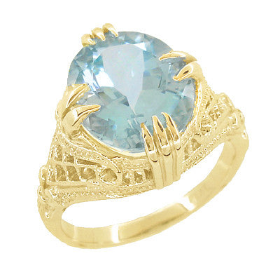 Vintage Art Deco Filigree Yellow Gold  Large 4.5 Carat Aquamarine Oval Ring  in a North South Setting - R157YA