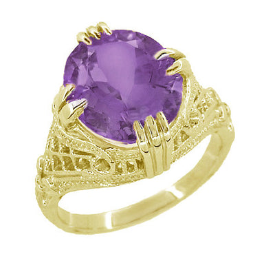 Yellow Gold Vintage Art Deco Filigree Large Oval Lavender Amethyst Ring with North to South Natural 4.5 Carat Amethyst - R157YAM