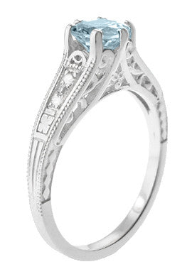 Vintage Aquamarine Ring in White Gold with Side Engraving and Filigree Scrolls from 1920s Era- R158A