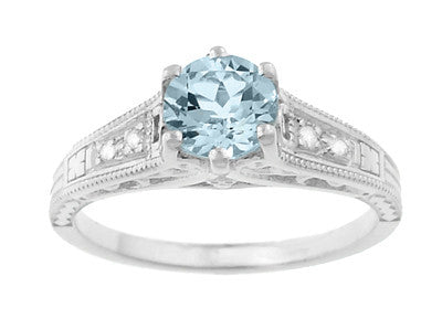 3/4 Ct Aquamarine and Side Diamonds Vintage Engagement Ring in White Gold - 1920's Art Deco - R158A