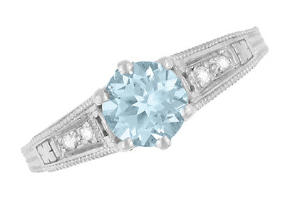 Art Deco Antique Style Filigree Aquamarine and Diamond Engagement Ring in 14 Karat White Gold - Item: R158A - Image: 6