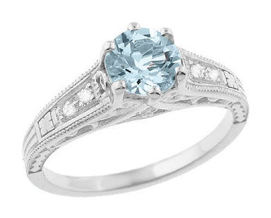 Vintage Art Deco Filigree Aquamarine Ring in 14K White Gold with Side Diamonds - R158A