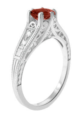 Art Deco Almandine Garnet and Diamond Filigree Artisan Engagement Ring in 14 Karat White Gold - Item: R158AG - Image: 2