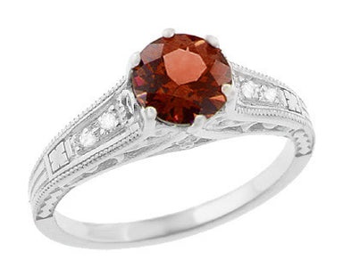1920's Art Deco Vintage Red Garnet Engagement Ring with Side Diamonds in White Gold - R158AG