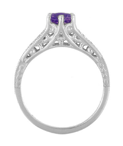 1920's Art Deco Filigree Amethyst Engagement Ring with Diamonds in 14K White Gold - Item: R158AM - Image: 4