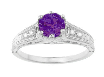 1920's Art Deco Filigree Amethyst Engagement Ring with Diamonds in 14K White Gold - Item: R158AM - Image: 5