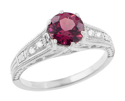 Art Deco Vintage Raspberry Rhodolite Garnet and Diamond Filigree Engagement Ring in White Gold with Side Diamonds - R158G