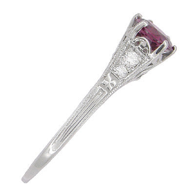 1920's Design Art Deco Raspberry Rhodolite Garnet and Diamond Filigree Engagement Ring in Platinum - Item: R158GP - Image: 3