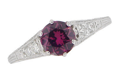 1920's Design Art Deco Raspberry Rhodolite Garnet and Diamond Filigree Engagement Ring in Platinum - Item: R158GP - Image: 4