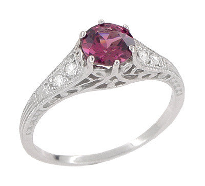 1920's Design Art Deco Raspberry Rhodolite Garnet and Diamond Filigree Engagement Ring in Platinum - Item: R158GP - Image: 5