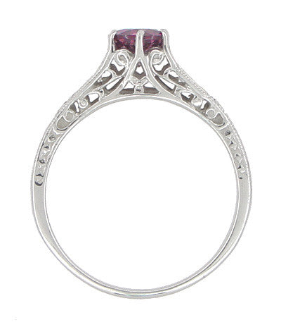 1920's Design Art Deco Raspberry Rhodolite Garnet and Diamond Filigree Engagement Ring in Platinum - Item: R158GP - Image: 2