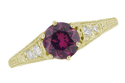 Raspberry Rhodolite Garnet and Diamond Filigree Ring in 14 Karat Yellow Gold - Item: R158GY - Image: 4