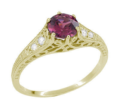 Raspberry Rhodolite Garnet and Diamond Filigree Ring in 14 Karat Yellow Gold - Item: R158GY - Image: 5