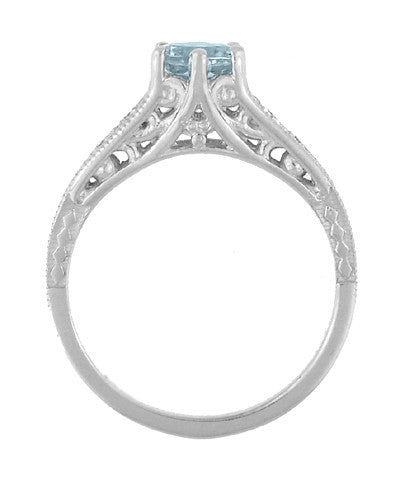Vintage Style Aquamarine and Diamonds Filigree Art Deco Engagement Ring in Platinum - Item: R158PA - Image: 4