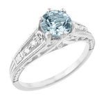 Vintage Style Aquamarine and Diamonds Filigree Art Deco Engagement Ring in Platinum