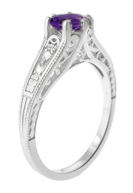 Amethyst and Diamond Filigree Engagement Ring in Platinum - Item: R158PAM - Image: 3