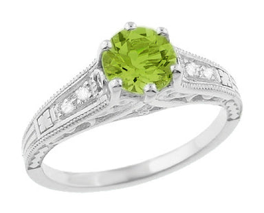 Filigree Peridot and Diamond Art Deco Engagement Ring in 14 Karat White Gold
