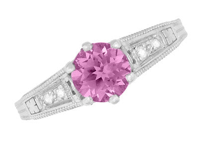 Art Deco Filigree Pink Sapphire and Diamond Vintage Style Engagement Ring in 14 Karat White Gold - Item: R158PS - Image: 6