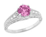 Art Deco Filigree Pink Sapphire and Diamond Vintage Style Engagement Ring in 14 Karat White Gold