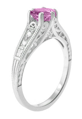 Art Deco Filigree Vintage Style Pink Sapphire and Diamond Platinum Engagement Ring - Item: R158PSP - Image: 3