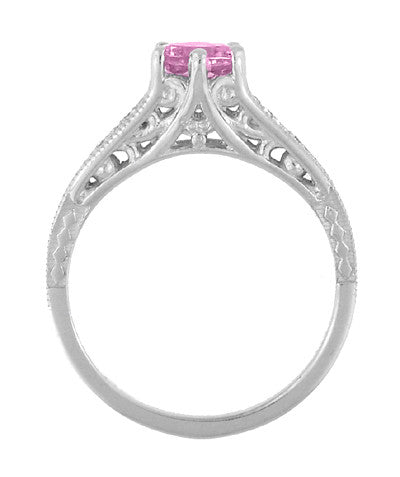 Art Deco Filigree Vintage Style Pink Sapphire and Diamond Platinum Engagement Ring - Item: R158PSP - Image: 4