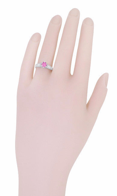 Art Deco Filigree Vintage Style Pink Sapphire and Diamond Platinum Engagement Ring - Item: R158PSP - Image: 7