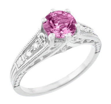 Art Deco Filigree Vintage Style Pink Sapphire and Diamond Platinum Engagement Ring - alternate view