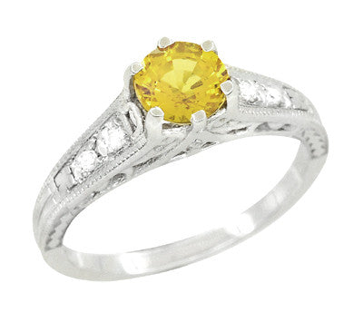 Platinum Art Deco Yellow Sapphire and Side Diamond Antique Filigree Engagement Ring - R158PYES