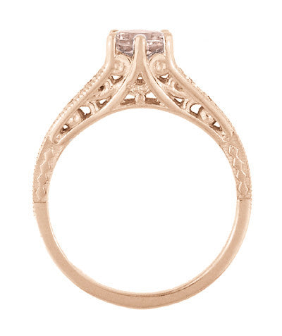 Art Deco Rose Gold Morganite and Side Diamond Filigree Engagement Ring - Vintage 1920's Design - Item: R158RM - Image: 4