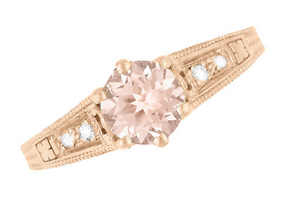 Art Deco Rose Gold Morganite and Side Diamond Filigree Engagement Ring - Vintage 1920's Design - Item: R158RM - Image: 5