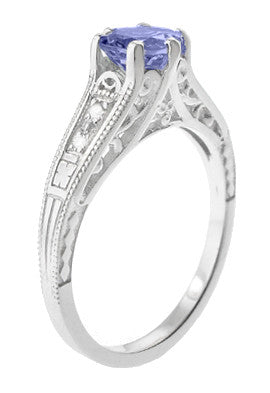 Art Deco Filigree Tanzanite and Diamond Engagement Ring in 14 Karat White Gold - Item: R158TA - Image: 3