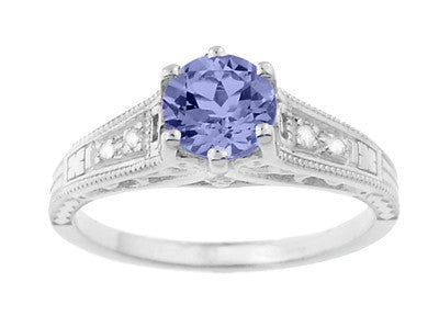 Art Deco Filigree Tanzanite and Diamond Engagement Ring in 14 Karat White Gold - Item: R158TA - Image: 5
