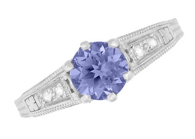Art Deco Filigree Tanzanite and Diamond Engagement Ring in 14 Karat White Gold - Item: R158TA - Image: 6
