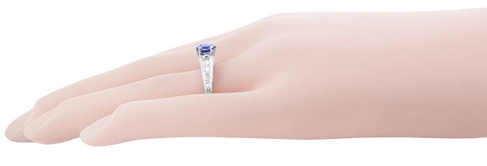 Art Deco Filigree Tanzanite and Diamond Engagement Ring in 14 Karat White Gold - Item: R158TA - Image: 8