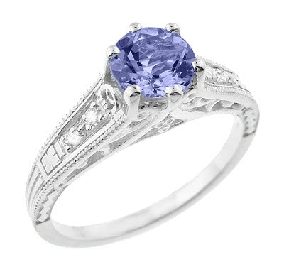 Art Deco Filigree Tanzanite and Diamond Engagement Ring in 14 Karat White Gold - Item: R158TA - Image: 2