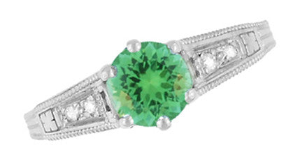Antique Deco Style Filigree Spearmint Green Tourmaline and Diamond Engagement Ring in 14 Karat White Gold - Item: R158TO - Image: 4